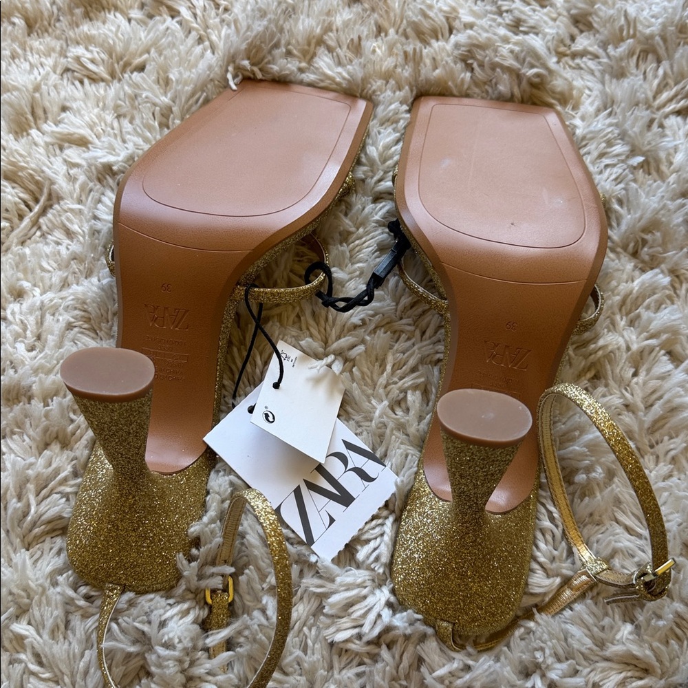 Zara Gold Glitter Strappy Block Heel Sandals - Women - Picture 5 of 5